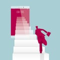 Businessman runs to the smartphone from the ladder.